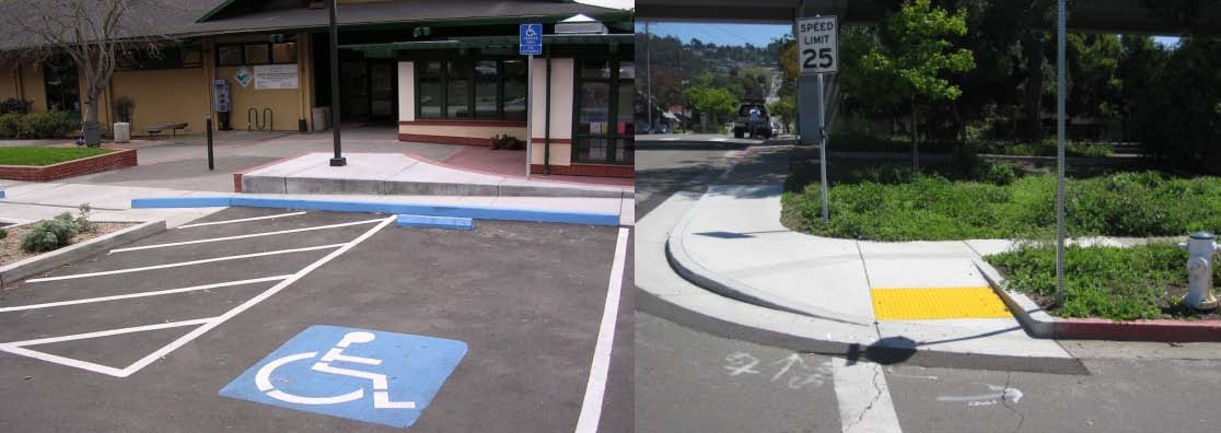 Right-of-way pictures of handicapped parking space and corner curb cut